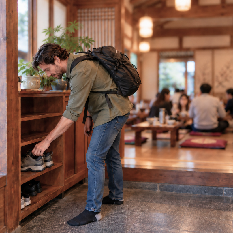 在餐厅脱鞋的外国游客