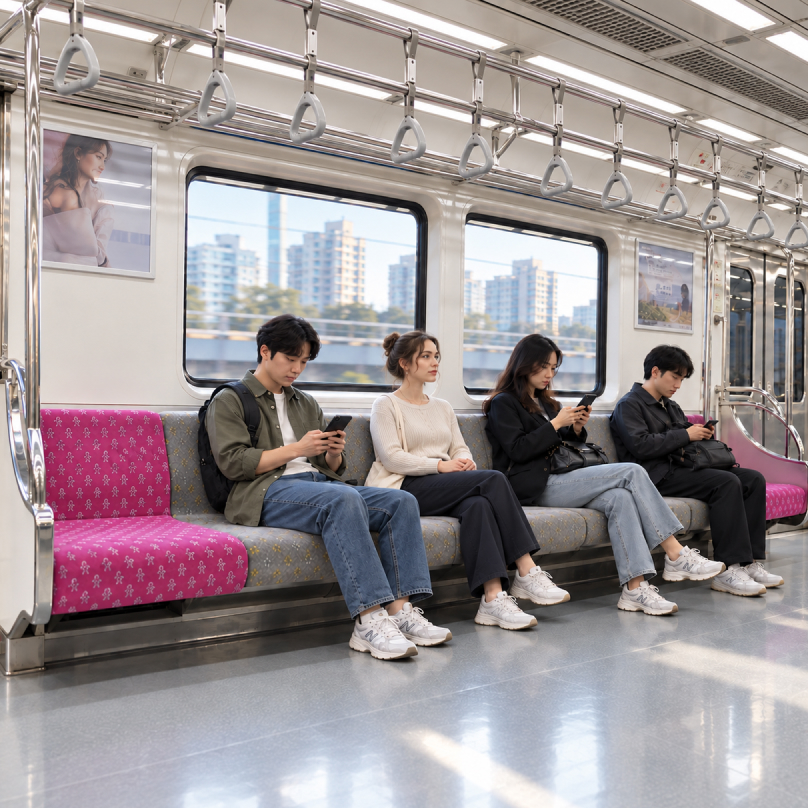 孕妇专座空着的韩国地铁车厢内景