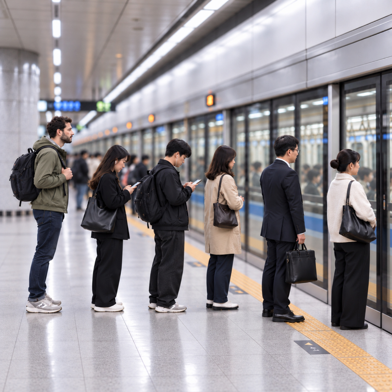 在韩国地铁站台排队等候的外国游客