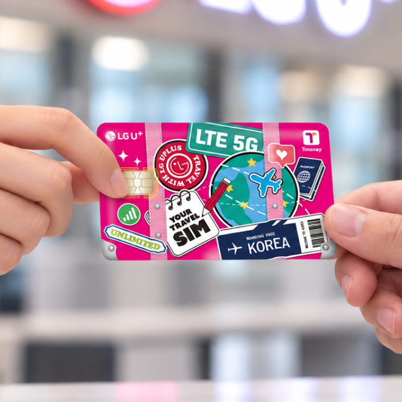 A hand receiving a T-money card at the LG U+ roaming counter