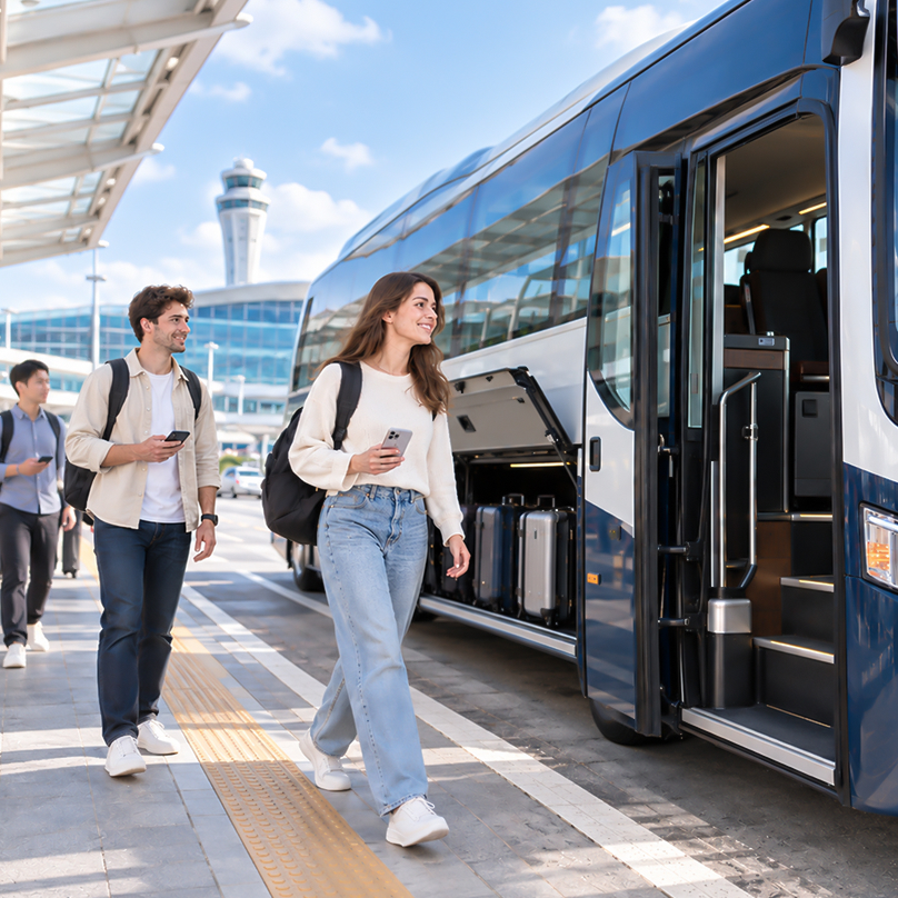 Airport bus stop, travelers waiting in line